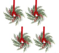 Besttoolifes 4 mini ghirlande natalizie con bacche rosse, fiocco scozzese di bufalo e rami di pino, 30 cm, decorazione natalizia verde e rossa per mobili da cucina (A)