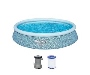 Bestway Fast Set piscina con pompa filtro, Ø 396 x 84 cm, 7,340 litri, materiale TriTech a 3 strati, design a linea grafica, pompa filtro, cartuccia filtro, toppe di riparazione