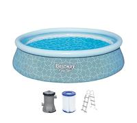 Bestway Fast Set piscina con pompa filtro, Ø 457 x 107 cm, 12,362 litri, design a linea grafica, materiale TriTech, pompa filtro, scala di sicurezza, toppe di riparazione, colore blu