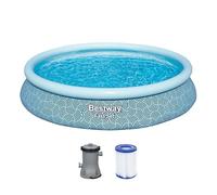 Bestway Fast Set piscina con pompa filtro, Ø 457 x 84 cm, 9,677 litri, materiale TriTech, design a linea grafica, autoassemblante, valvola di scarico, pompa filtro, cartuccia filtro, toppe di
