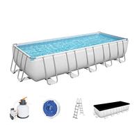 Bestway Power Steel Frame Pool Set Completo con impianto di filtraggio a Sabbia, 640 x 274 x 132 cm, Grigio Chiaro, Rettangolare