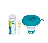 Bestway Set iniziale per la cura della piscina | Mini galleggiante dosatore Ø 12,5 cm con strisce reattive | Dosaggio e misurazione di cloro libero, pH e alcalinità totale | Acqua della piscina pulita