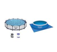 BestwayBestway® Steel Pro MAX™ - Set piscina fuori terra con pompa filtrante, diametro 366 x 76 cm, rotonda, colore grigio & 58003 Tappeto Base Per Piscina Da 488 X 488 Cm, BluBestway