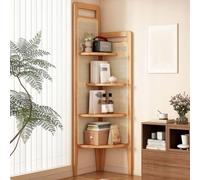 BESTXH Libreria Angolare in Rattan Sintetico, Supporto Angolare A 5 Ripiani, Libreria A Ventaglio in Rattan, Mensola Espositiva Multistrato, Piastre Ispessite,Wood Color