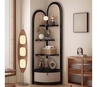 BESTXH Mobiletto Triangolare in Legno Massello di Rattan, Scaffale Angolare Multifunzionale, Libreria da Terra A 4 Ripiani con Cestello Portaoggetti, Libreria A Ventaglio,Nero