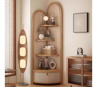 BESTXH Mobiletto Triangolare in Legno Massello di Rattan, Scaffale Angolare Multifunzionale, Libreria da Terra A 4 Ripiani con Cestello Portaoggetti, Libreria A Ventaglio,Wood Color