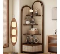 BESTXH Mobiletto Triangolare in Legno Massello di Rattan, Scaffale Angolare Multifunzionale, Libreria da Terra A 4 Ripiani con Cestello Portaoggetti, Libreria A Ventaglio,Walnut Color