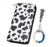 BESTYASH Portafoglio Lungo Pelle Pu Con Motivo Mucca Portachiavi Con Bracciale e Pon-pon Porta Carte Identità Per Ragazze e Donne Movimento