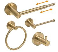 BESy Set di accessori da bagno da 4 pezzi (portasciugamani regolabile da 40 a 66 cm, anello per asciugamani, porta carta igienica, gancio per asciugamani), set di accessori da bagno a parete, in