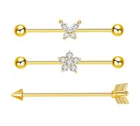 Besyvvin 3 Pezzi Indusrial Piercing Orechini 14G 38mm Oro Acciaio Chirurgico Scaffold Piercing Barbell Arrow Farfalla Fiore Indusrial Piercing Gioielli