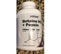 Betaina HCl + Pepsina 790mg, 240 Capsule Senza Glutine Non-GMO Nutricost
