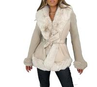 BETAM Giacca corta da donna in finta pelle con colletto in pelliccia sintetica e cintura, cappotti invernali a maniche lunghe alla moda, Beige, S