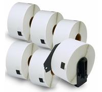 BETCKEY - 6 rotoli di etichette DK-11208 con solo 1 porta etichette riutilizzabili, 38 mm x 90 mm, nero su bianco, 2400 etichette grandi per stampanti Brother QL