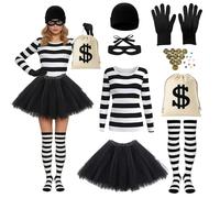 Betensh Costume Ladro Donna, 9 pezzi Costume da rapinatore di banche per Maglietta, Cappello a maglia, Guanti,Gonna Corta, Portafoglio, Maschera,Ginocchiere,Monete d'oro e gemme per Carnevale Cosplay