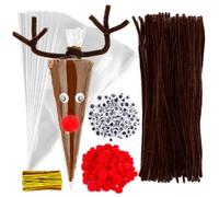 BETESSIN 100pz Sacchetti Trasparenti Triangolo 100pz Scovolini Pipa Ciniglia Marroni 100pz Pom Pom Rosso 200pz Occhi Finti per Lavoretti 100pz Fascette Chiusura Oro Kit Decorazione Natale Fai da Te