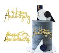 BETESSIN 2pz Topper Torta Happy Anniversary Decorazione Torta Anniversario Matrimonio in Acrilico Cake Topper Decorazione per Torta Anniversario Fidanzamento Matrimonio Nozze Oro Dorato