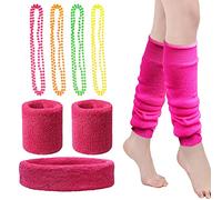 BETESSIN Costume Donna Anni '80 Fascia Capelli e 2 Bracciali Sudore Scaldamuscoli Rosa Neon Collana Colorate Travestimento retrò per Festa a Tema 80s Carnevale Partito Addio al Nubilato