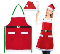 BETESSIN Grembiule Natalizio Cappello Babbo Natale Rosso Grembiule da Cucina Barbecue Costume Babbo Natale per Festa Idea Regalo per Donna Uomo Cuoco Chef