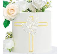 BETESSIN Topper Torta Croce Decorazione Torta Croce Dorato Colomba Piccione in Acrilico Croce per Decorazione Torta Cake Prima Comunione Matrimonio Battesimo Cresima Oro