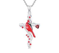 BETHZA Collana con croce cardinale, in argento Sterling 925, granato naturale, uccello rosso, cardinale, croce religiosa, ciondolo per donne, sono sempre con te, gioiello commemorativo per il