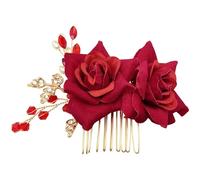 BETITETO Pettine per capelli da sposa con rose, fatto a mano, con perle e cristalli dorati, con fiore rosso, accessorio per capelli per feste di nozze