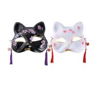 BETOOKY 2 Pezzi Maschera Gatto a Forma di Sakura, Stile Giapponese | Plastica, Nappe e Campanelli, Finitura Curata e Motivi Belli, per Venezia e Festa di Natale