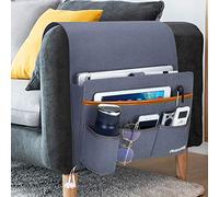 Betoores Borsa Organizer per Divano, Comodino Caddy Pocket con Portabottiglie per Telefono, Telecomando, Magzine, Occhiali, iPad, Penna, Computer Portatile - Blu Grigio