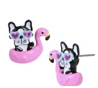Betsey Johnson Rosa Flamingo Floatie Francese Bulldog Cuore Orecchini Borchie