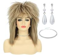 Bettecos Costume Diva Rock 80 Parrucca Con Collana E Orecchino Per Capelli Grandi Biondi 70S 80S Rocker Salmonlet Parrucche Glam Punk Rock Rockstar Cosplay Parrucca Per Festa Di Halloween