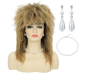 Bettecos Costume Diva Rock 80 Parrucca Con Collana E Orecchino Per Capelli Grandi Biondi 70S 80S Rocker Salmonlet Parrucche Glam Punk Rock Rockstar Cosplay Parrucca Per Festa Di Halloween
