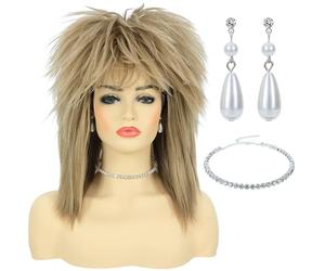 Bettecos Costume Diva Rock 80 Parrucca Con Collana E Orecchino Per Capelli Grandi Biondi 70S 80S Rocker Salmonlet Parrucche Glam Punk Rock Rockstar Cosplay Parrucca Per Festa Di Halloween