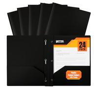 Better Office Products Cartelline a 2 tasche in plastica nera con rebbi, pesanti, formato lettera, confezione da 24, con clip di fissaggio a 3 rebbi in metallo, nero