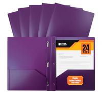 Better Office Products Cartelline in plastica viola a 2 tasche con rebbi, pesanti, formato lettera, confezione da 24, con 3 clip di fissaggio a rebbi in metallo, viola