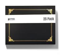 Better Office Products - Confezione da 25 porta certificati neri, per diplomi, copertine di documenti, con bordo in lamina d’oro, per carta formato lettera, 25 pezzi, colore nero