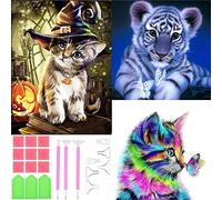 BetterJonny 3Pcs Diamond Painting Kit Completo, Pittura Diamante 5D Fai da Te con Strass Full Drill in Resina DIY Strass Ricamo a Punto Croce Craft per Decorazione della Parete di Casa, Gatto e Tigre