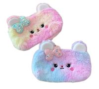 BetterJonny Set di 2 astucci in peluche, graziosi astucci arcobaleno per ragazze, astuccio in peluche con grazioso motivo orso rosa