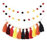 BetterJonny - Set di 3 ghirlande con nappe bohémien, da appendere alla parete, con perline di legno e 2 pompon in feltro, per la casa e l'esterno