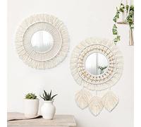 Betylifoy Specchio Decorativo da Appendere a Parete in Macramè da 2 Pezzi con Frange Tessute Specchio Rotondo Boho per Camera da Letto Soggiorno Nursery Home Decor