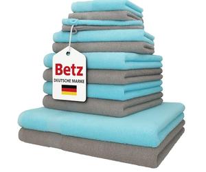 Betz Set da 12 asciugamani PALERMO 100% cotone 2 asciugamani da doccia 4 asciugamani 2 asciugamani per gli ospiti 2 lavette 2 guanti da bagno colore grigia pietra e turchese