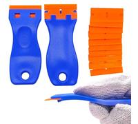 Beudan, 2 raschietti in plastica da 9,9 x 3,8 cm, con 100 lame in plastica a doppia faccia per rimozione guarnizioni, rimozione di etichette, adesivi e adesivi su finestre in vetro, blu