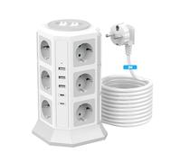 BEVA Multipresa Ciabatta Elettrica, Multipresa Verticale con 5 Porte USB e 12 Prese AC, 2 Interruttori, Cortocircuito e Surge protezione (2500W / 10A), 2M Cavo (Bianca)