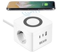 BEVA Multipresa Cubo, Ciabatta Elettrica con 2 USB-C e 1 USB-A e 2 Prese EU, Funzione di Ricarica Wireless, 2500W,10A, Cavo 1.5 m, Surge Protezione, Adatto per Viaggi, Casa e Ufficio (Bianca)