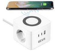BEVA Multipresa Cubo, Ciabatta Elettrica con 2 USB-C e 1 USB-A e 2 Prese EU, Funzione di Ricarica Wireless, 2500W,10A, Cavo 1.5 m, Surge Protezione, Adatto per Viaggi, Casa e Ufficio (Bianca)