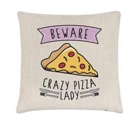 Beware Pazzo Pizza Donna Lino Copricuscino Cuscino - Divertente Cibo Pepperoni