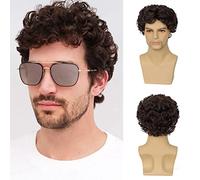 Beweig Parrucca da uomo corta riccia marrone parrucca sintetica di ricambio per costume maschile