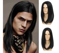 Beweig Parrucca lunga nera da uomo, parrucca lunga e liscia, con riga centrale, sintetica, resistente al calore, per feste e costumi di Halloween