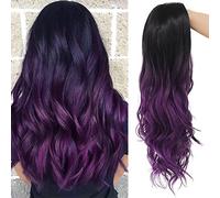 Beweig Parrucca lunga ondulata nera viola da donna, sintetica, resistente al calore, per feste e costumi di Halloween