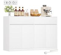 BEWISHOME Armadio da Cucina 140 cm di Larghezza con Piano di Lavoro, Credenza da Cucina con Presa Corrente, Comò da Cucina con 4 Ante, 2 Cassetti, Ripiano Regolabile, per Soggiorno, Cucina, Sala da