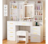 BEWISHOME Grande Toeletta Trucco con Specchio e Luci, luminosità Regolabile,Tavolo da Trucco con Sgabello,Presa, 8 Cassetti e 8 Ripiani Aperti, Moderna Postazione Trucco per Camera da Letto, EFST53M