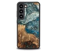 Bewood Unique Case Compatibile con Samsung Galaxy S23, Custodia realizzata a mano in legno naturale e resina, design pianeti terra, blu-verde